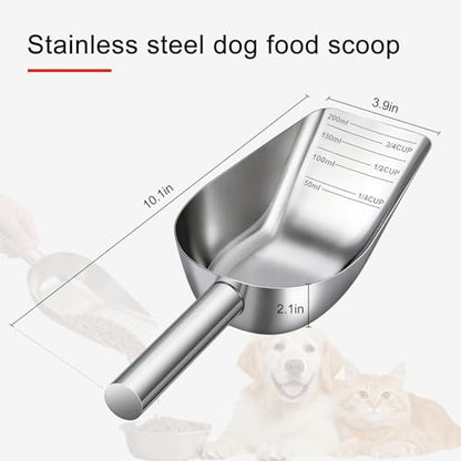 Pet Dog Food Scoop, 304 stainless steel material, 1 Cup Measuring Cup with Precision Scale Markings, Durable and Rust-Resistant