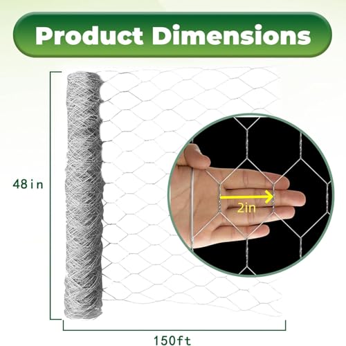 48 in x 150 ft, 2 inch Metal Mesh Pencing, Chicken Wire Fencing, Hexagonal Galvanized Poultry Wire Netting for Chicken, Duck, Goose, Rabbit Fencing - size: 48 in x 150 ft 2 in
