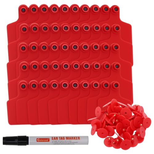 Cattle Ear Tags & Marking Pen 100pcs TPU Blank Cow Tags for Sheep Goat Pig and Other Livestock Animals Identification (Red, for Cattle) - color: Red