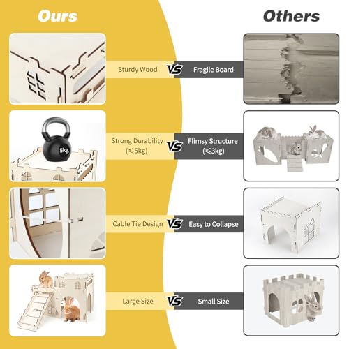 BWOGUE Extra Large Wooden Bunny Castle Hideout Split Balcony for Indoor Bunnies, Multistory Climbing Tower Hideout with Stairs, Ventilated Sturdy House for Rabbits Guinea Pigs and Chinchillas - style: 2 House and 1 Ladder