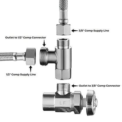 3/8 x 1/2 Adapter T Connector, ADD-A-Tee Adapter 3 Way Valve 3/8 Tee Compression, Stainless Steel Splitting Water Supply T Pipe Fitting for Bidet Hose, Angle Stop Valve T Connector