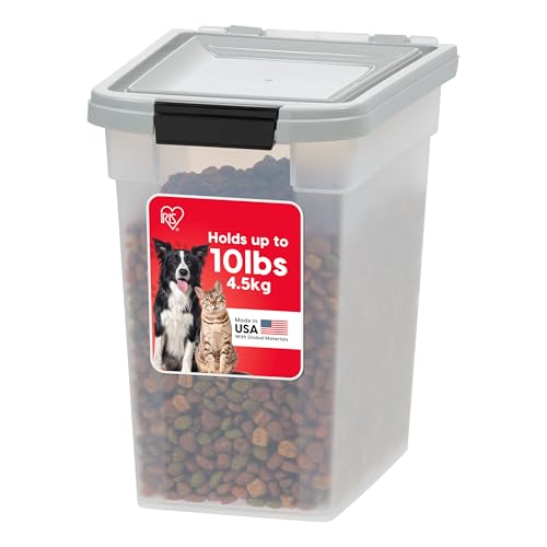 IRIS USA Airtight Dog Food Storage Container, WeatherPro, Up to 10 lbs, for Dog Cat Bird and Other Pet Food Storage Bin, Keep Fresh, Translucent Body, Made in USA, Clear/Gray - color: Gray, size: 10 lbs