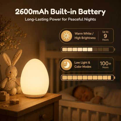 Egg Night Light for Kids, Soft Silicone Baby Egg Light for Nursery | Touch Control, Stepless Dimming & 7 Color Changing, Rechargeable, 30/60 Minute Timer for Breastfeeding, Nursery