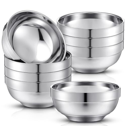 Funnymoom 8 Pack 24 oz Stainless Steel Bowls Double Walled Insulated Soup Ice Cream Metal Mixing Nesting Bowls for Serving Soup Rice Cereal (304 Stainless Steel) - size: 24 oz