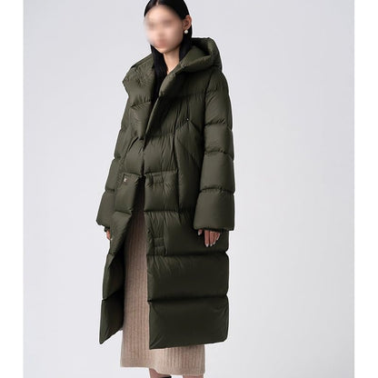 Women's Down Jacket Long Knee Length Hood Loose Warm and Thick Autumn/Winter Green Coat with Belt - size: Medium
