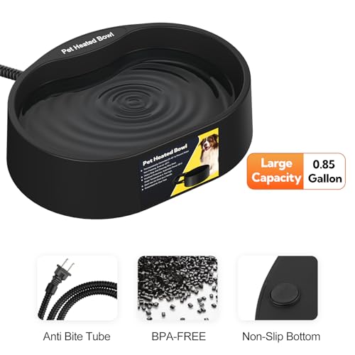 Heated Water Bowl for Dogs and Cats,Large Heated Dog Bowl with Chew Resistant Power, Waterproof Heated Pet Bowls for Outside in Winter,Provide Warmable Water for Dogs, Cats,Birds, (Black