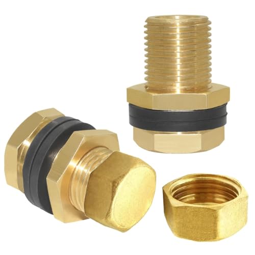 Joywayus 2Set Brass Male Bulkhead Kit Include 1/8" NPT Female 3/8" Male Water Tank Connector Threaded And 3/8" Female Outer Hex Head End Pipe Caps with Rubber Gasket - size: 3/8" Male x 1/8"NPT Female-2PCS