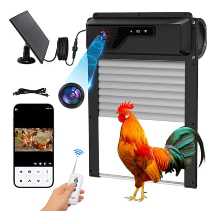 Automatic Chicken Coop Door with WiFi HD1080P Camera,Auto Solar Chicken Coop Door Opener with Timer, APP Remote Control, 5000mA Battery, Night Vision, Alarm Drive (Black, 13.01in*9.4in*6.2in)