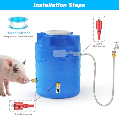 Automatic Pig Waterer Nipple System, Stainless Steel Pig Waterer with Brass Water Tank Connector Kit, Hog Water Drinker Feeder with Float Valve and Garden Hose for Pig Goats Piglets