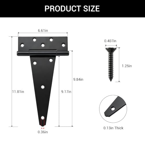 HOME MASTER HARDWARE 10 Inch T-Strap Heavy Duty Black Hinges for Outdoor Barns and Wooden Fences, 2Pack with Screws - size: 10 in-2 Pack