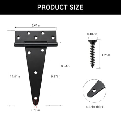 HOME MASTER HARDWARE 10 Inch T-Strap Heavy Duty Black Hinges for Outdoor Barns and Wooden Fences, 2Pack with Screws - size: 10 in-2 Pack