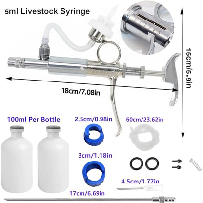 5ml Stainless Steel Livestock Syringe Adjustable Injection Gun with Needle | Multi-Use for Cattle Horse Sheep Pig & Poultry