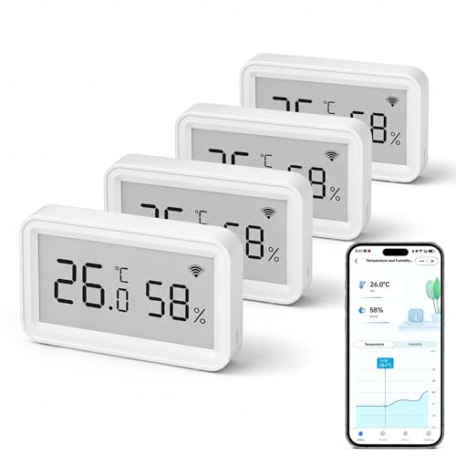Smart WiFi Hygrometer Thermometer: Wireless Temperature Humidity Sensor with Clear LCD Display, Calibratable, App Alert & Data Storage Export, Digital Remote Monitor for Bedroom, Greenhouse (4-Pack) - size: 4-Pack