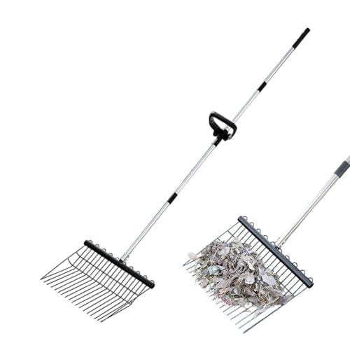 Stainless Steel Hand Rake | Ergonomic Chicken Manure Scoop Grabber | Long Handle Heavy Duty Bow Rake | for Grass Shrub Debris Pine Needle Thatching Outdoor Camping Gardening Landscape Turf Autumn
