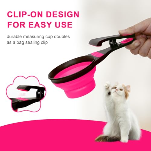 Collapsible Silicone Dog Food Scoop Foldable Pet Food Measuring Cup with Bag Clip 3 in 1 Multi-Function Silicone Dog Food Scooper (Rose Red, Small) - color: Rose Red, size: Small