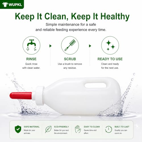 Screw Nipple Calf Feeding Bottle 2 Quart – Leak-Proof Milk Feeder with Ergonomic Handle, Easy Clean, Includes 5 Nipples, Farm & Ranch Feeding Set (One-Piece Bottle, 1 Pack)