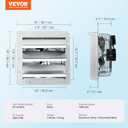VEVOR 12'' Shutter Exhaust Fan, High-speed 1000 CFM, Aluminum Wall Mount Attic Fan with AC-motor, Ventilation and Cooling for Greenhouses, Garages, Sheds, Shops, FCC - size: 12 Inch