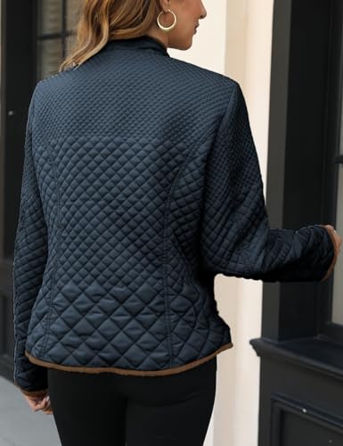 Bellivera Women's Stand Collar Lightweight Quilted Puffer Jacket | Casual Padded Zip Long Sleeve Coat for Spring and Winter with Pockets - color: Blackish Blue, size: X-Large