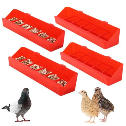 4 Pack No Mess Quail Feeder Removable 6 Slots Hanging Chicken Feeder Trough Water Trough for Pigeon Parrots Chicks Quail Duck Bird Poultry Animal - color: Red
