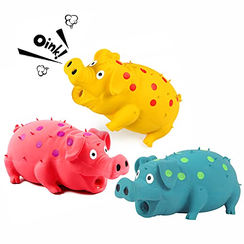 3-Pack Squeaky Pig Dog Toys - Durable Rubber Chew Toys with Oinking & Grunting Sounds for Small, Medium & Large Dogs - Interactive Latex Puppy Toy Set - color: Pink, Yellow, Blue