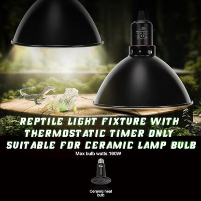 MECESOR Reptile Light Fixture with Thermostatic Timer, 8.5 Inch Deep Dome Lamp Cap Reptile Heat Lamp Fixture with Separate Switches, Terrariums Light Fixture for Ceramic Heating Lamp Bulb