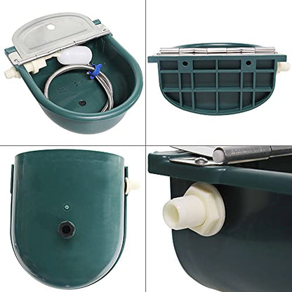 Automatic Water Bowl Plastic Livestock Stainless Steel Cover Waterer Dog Drinking Cattle Horse Drinker with Float Valve & Drain Plug & 1/2 Inch Pipe (Green)