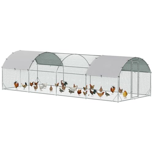 PawHut 9.2' x 24.9' x 6.5' Large Chicken Coop Metal Chicken Run with 210D Waterproof and Anti-UV Cover, Dome Shaped Walk in Fence Cage Hen House for Outdoor and Yard Farm Use, 1" Tube Diameter - size: 299.2"L x 110.2"W x 77.6"H