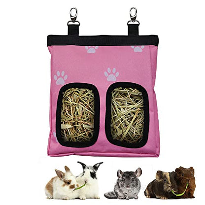 Guinea Pig Hay Feeder, Hanging Rabbit Hay Feeder Bag for Guinea Pigs Bunnies Chinchillas. Pink Paws - color: Pinkpaws