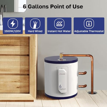 ThermoMate Tank Water Heater Electric, 6 Gallon Small Point of Use Residential Hot Water Heater, 1500W 120Volt Compact, Adjustable Thermostat, UL Listed (ES600) - style: 6 Gallons