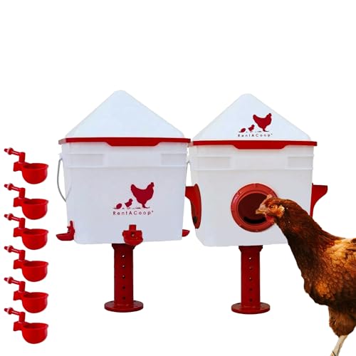 RentACoop Chick2Chicken 10lb Feeder & 2 Gal Waterer Set with Gravity Feed Refill & Auto-Fill Cups, Horizontal Nipples - BPA-Free Food & Water Buckets for Up to 20 Chicks or 12 Adult Chickens - size: Set with Nipples and Auto-Refill Cups