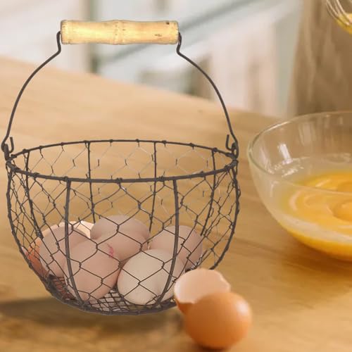 Farmhouse Wire Egg Basket For Gathering Fresh Eggs Iron Wire Storage Organizer With Handle Chicken Egg Collecting Basket Countertop Container Fruit Bin - color: Tan