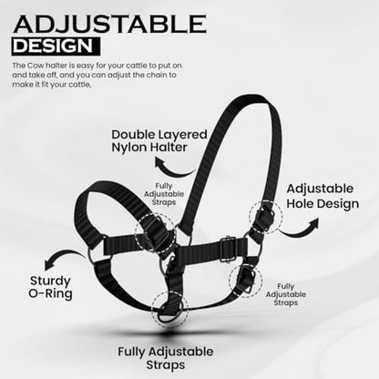 HADZAM Adjustable Nylon Cow Halter | Calf Halter one Halter for (1 Year to Full Size) Easy Adjustable Straps elimates the Need of Ill-Fitting Cattle Halter - color: BLACK