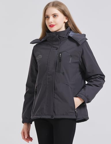 ELLSWOS Womens Winter Coats Waterproof Ski Jacket Warm Snow Jackets Windproof Windbreaker Hooded Raincoat - color: Dark Grey, size: Medium