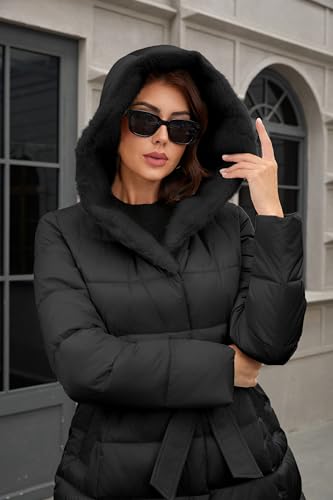 PAPILLON D'OR WEAR YOUR WINGS Women's Long Puffer Coat with Belt, Hood & Furry Lining - Knee-Length Winter Jacket - color: Black, size: XX-Large