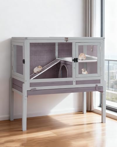 Wooden Guinea Pig Cages Indoor with Plastic Floor and Pull Out Tray, Two-Story Rabbit Cage with Anti-Chewing Ramp, Bunny Hutch with Detachable Stand, Small Animals Cage Habitat (Grey) - color: Grey