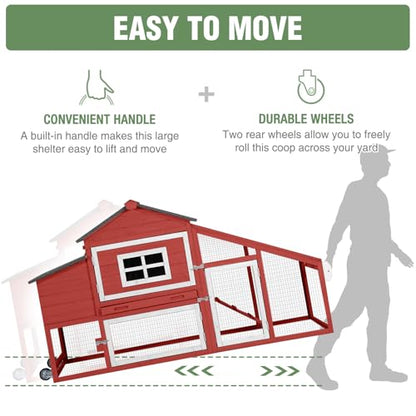 Chicken Coop with Wheels,Outdoor Hen House with Waterproof Asphalt Roof, Wooden Poultry Enclosure with Easy-Clean Slide-Out Tray,Poultry Cage with Nesting Boxes for Duck Rabbit Chicken