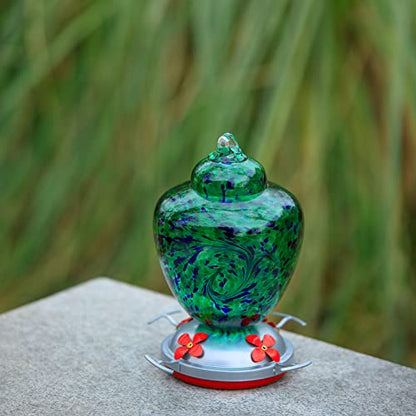 REZIPO Hummingbird Feeder with Perch - Hand Blown Glass - Green(Firework) - 38 Fluid Ounces Hummingbird Nectar Capacity Include Hanging Wires and Moat Hook, blue/Green - color: Blue/Green
