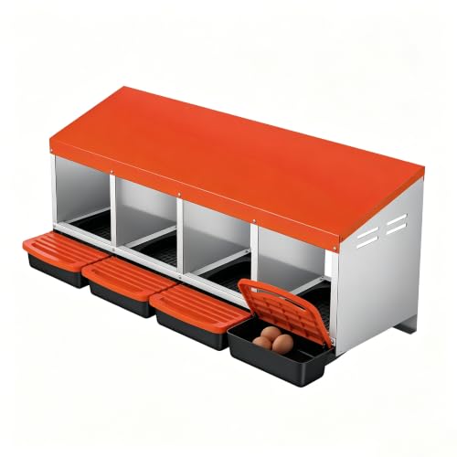 Garvee Heavy Duty Metal Chicken Nesting Box - 4-Compartment Roll Away Laying Box - Removable Easy-Clean Egg Tray, Ventilated Galvanized Steel, Wall Mount or Freestanding, Orange - color: Orange, size: 4 holes