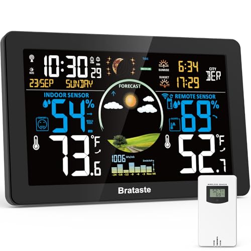 Weather Station Wireless Indoor Outdoor, Digital Thermometer with Remote Sensor, 7.5'' HD VA Display Home Weather Stations, Accurate Temperature Humidity Gauge with Weather Forecast, Atomic Clock - color: Dark Black