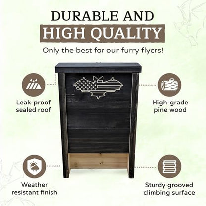 Made in USA- Premium-Grade Black Stained Pine Bat House, Single-Chamber Bat Box, Easy-to-Install Wooden Bat House Kit, with Mounting Screws - Applewood Outdoor | Black - style: Single Chamber Black