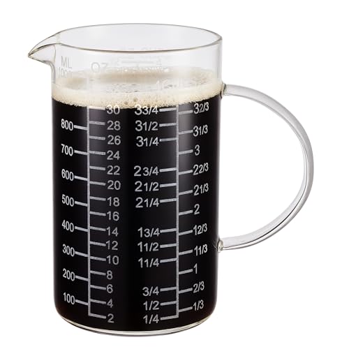 Ackers Mirror Etching Scale Glass Measuring Cup-[Insulated handle | V-Shaped Spout]-Made of High Borosilicate Glass Measuring Cup for Kitchen or Restaurant, Easy to Read, 1000 ML (32 Oz, 4 Cup) - size: 1000 ML (32 Oz, 4 Cup) - Mirror Etching