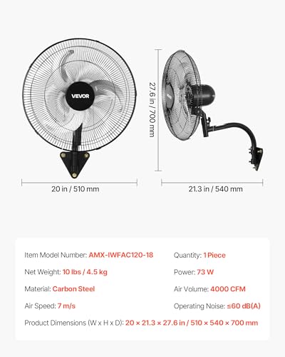 VEVOR Wall Mount Fan, 18 in Wall Mounted Hanging Fan Oscillating, 3-Speed, Long Airflow Distance, Adjustable Rotation Angle, Mechanical Powerful for Industry, Commercial, Garage, Workshop, Gym, Black - size: 18In-Oscillating