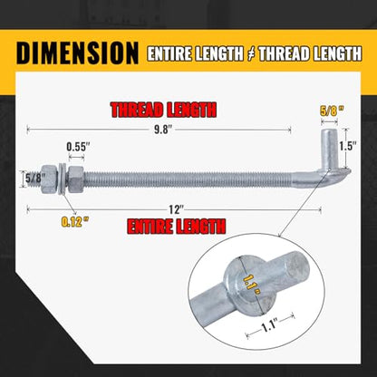 VIVIDA 12" J Bolt Gate Hinge 4 Pack, Chain Link Gate Bolt Hinge with 5/8" Male Pin, Galvanized Steel, Nuts & Washers Included - size: 12" (4 PCS)