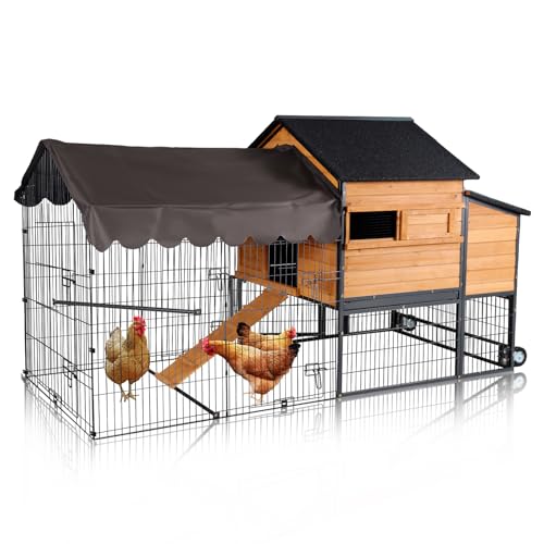 GUTINNEEN Large Chicken Coop with Metal Frame, Mobile Hen House with Wheels, Portable Poultry Cage with Run, Nesting Box, Waterproof Cover for 4-6 Chickens, Ducks - size: 85.6"L x 40.6"W x 48.2"H