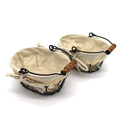 CVHOMEDECO. Primitives Country Chicken Wire Small Gift Baskets Gathering Baskets with Wooden Handle and Fabric Liner. Set of 2 (Oval) Matt Black
