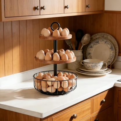 3-Tier 360° Rotating Egg Holder with 24+40 Egg Capacity - Rustic Farmhouse Kitchen Counter Organizer, Tiered Egg Storage Rack with Ventilated Wooden Trays & Metal Basket for Easter Eggs, Fresh Eggs - size: 360° Rotating
