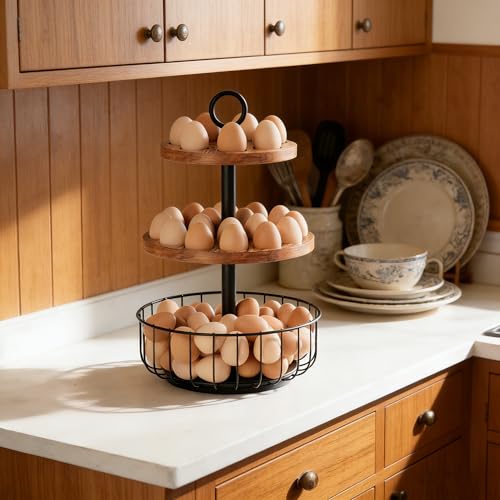 3-Tier 360° Rotating Egg Holder with 24+40 Egg Capacity - Rustic Farmhouse Kitchen Counter Organizer, Tiered Egg Storage Rack with Ventilated Wooden Trays & Metal Basket for Easter Eggs, Fresh Eggs - size: 360° Rotating