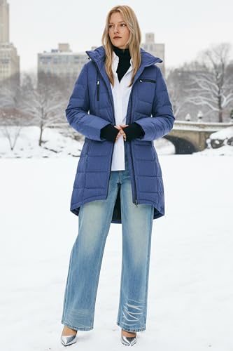 Orolay Women's Winter Down Jacket Long Quilted Puffer Coat Warm Hooded Slim Fit Outerwear - color: Blue, size: X-Small