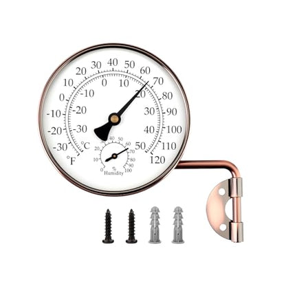 MEANLIN MEASURE 4" Brass Wall-Mount Outdoor Thermometer, Swivel Indoor Outdoor Thermometer with Humidity Gauge, Decorative Analog Temperature Gauge for Patio, Window, Greenhouse, Garage, Garden, Wall