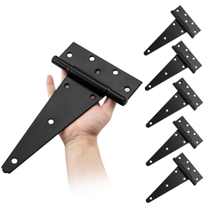 HOME MASTER HARDWARE 10 Inch T-Strap Heavy Duty Shed Door Hinges-Black, for Outdoor Barns and Wooden Fences, 6 Pack with Screws - size: 10 in-6 Pack